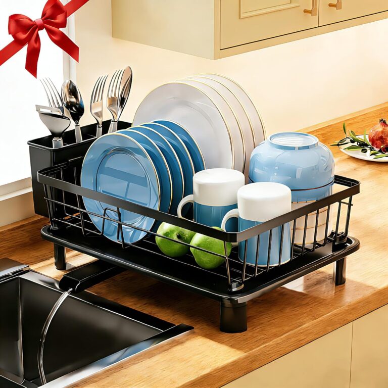 Dish Drying Rack, Stainless Steel Space-Saving Dish Rack, Dish Racks for Kitchen Counter, Kitchen Dish Drainers with Removable Utensil Holder,New Drain Outlet,Plate Rack and Drainboard, Black