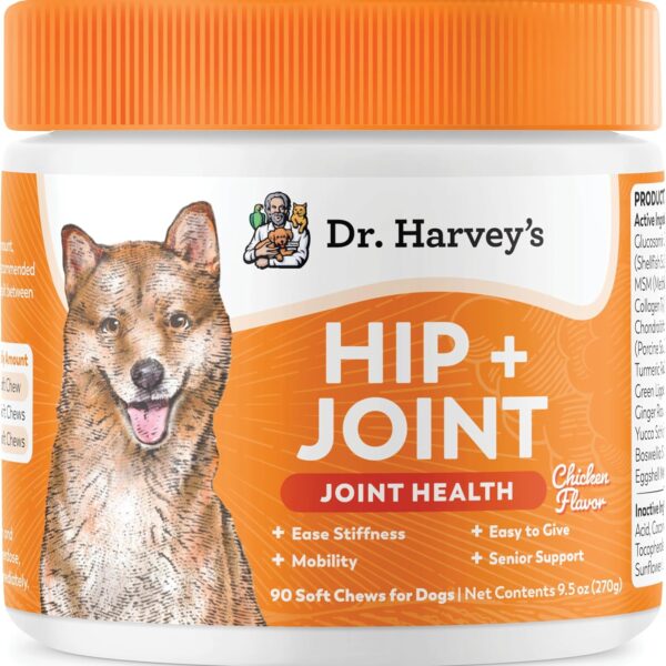 Dr. Harvey's Hip & Joint Soft Chews for Dogs, Daily Mobility Supplement Chewable Bites for Dogs with Glucosamine, Chondroitin & MSM, Green Lipped Mussel, Chicken Flavor (90 Chews)