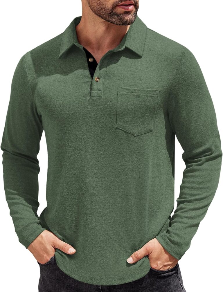 COOFANDY Men's Long Sleeve Polo Shirt Casual Dress Button Polo T Shirt with Pocket Basic Lightweight Collared Golf Shirt