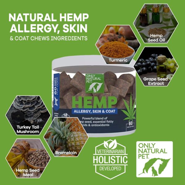 Only Natural Pet Allergy, Skin & Coat Hemp Soft Chews - Allergy Immune Bites for Dogs, Omega 3 Supplement, Calming Treats for Itchy Skin Relief, Hot Spot - (60 Count) (AL.)