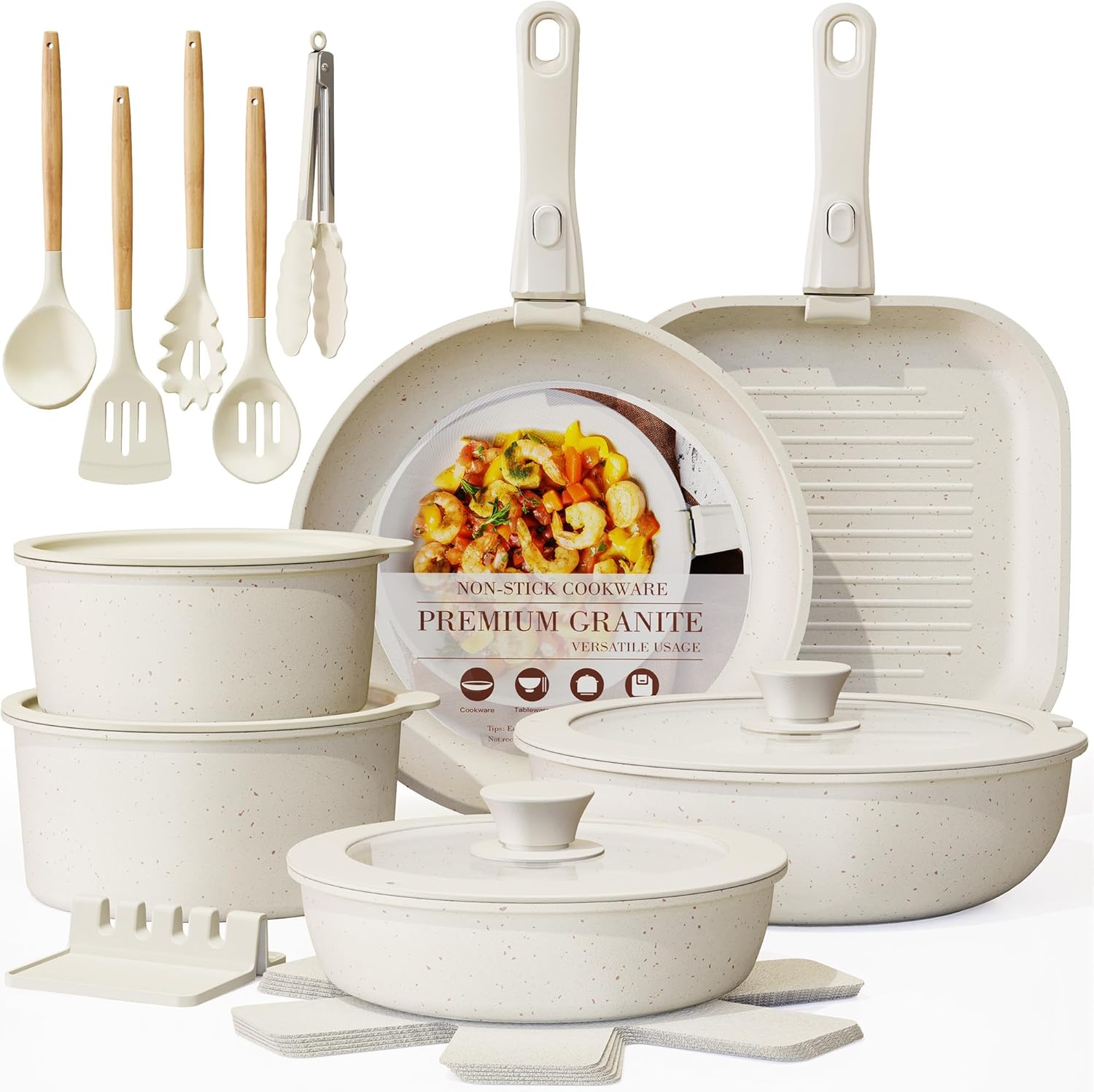 Astercook 23 Pcs Pots and Pans Non Stick Ceramic Cookware Set Detachable Handle, RV Stackable Kitchen Cooking Set Removable Handles, Oven Safe, Induction Ready, Cream White Astercook 23 Pcs Pots and Pans Non Stick Ceramic Cookware Set Detachable Handle, RV Stackable Kitchen Cooking Set Removable Handles, Oven Safe, Induction Ready, Cream White