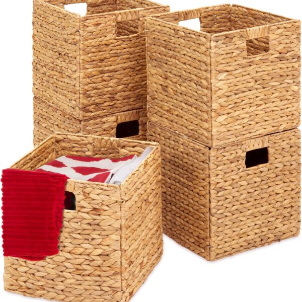 Best Choice Products 10.5x10.5in Pack of 5 Cube Storage Baskets, Water Hyacinth Multipurpose Collapsible Organizers, Handwoven Laundry Totes for Laundry, Living Room, Kids Room & Nursery - Natural