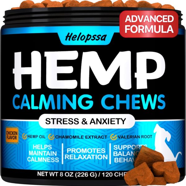 Hemp Calming Chews for Dogs with Anxiety and Stress - Anxiety Relief Chews for Storms, Fireworks, Thunder, Barking, Separation - Valerian, L-Tryptophan, Hemp Oil - Chicken - 120 Dog Calming Treats