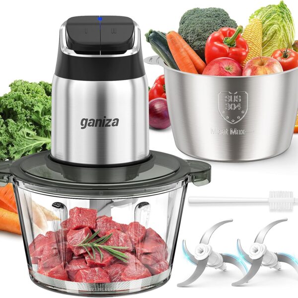 Ganiza Food Processor, 2-Speed Food Chopper Meat Grinder with 8 Cup Stainless Steel & 8 Cup Glass Bowls, Upgraded Button & Smart Overheat Protection Light - Includes Clean Brush, 2 Sets of Blades