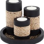 IYARA CRAFT Tealight Candle Holders with Tray  Set of 3 Rustic Black Wooden Candle Holders with Natural Rope Accent, Cozy Centerpiece for Romantic Dinner Table Decor, Anniversary & Housewarming Gifts