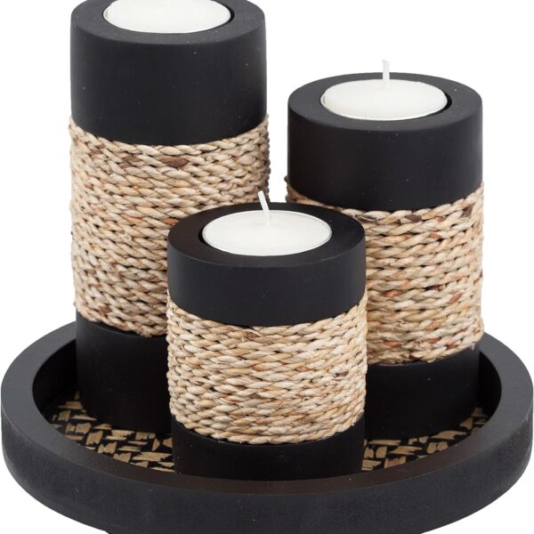 IYARA CRAFT Tealight Candle Holders with Tray  Set of 3 Rustic Black Wooden Candle Holders with Natural Rope Accent, Cozy Centerpiece for Romantic Dinner Table Decor, Anniversary & Housewarming Gifts