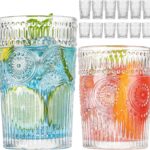 Vintage Drinking Glasses Set of 12, Textured Clear Striped Glass Cups-6 Highball Glasses 13oz & 6 Rocks Glasses 10oz, Ribbed Glassware Set, Mojito Cups, Cocktail Glass, Iced Coffee Cup