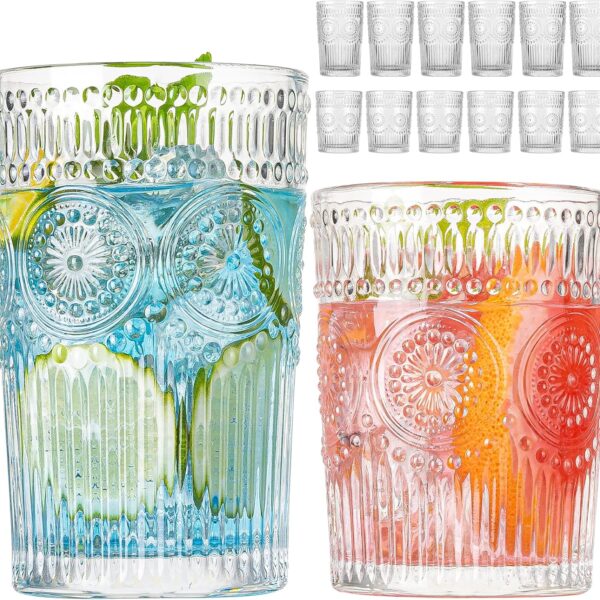 Vintage Drinking Glasses Set of 12, Textured Clear Striped Glass Cups-6 Highball Glasses 13oz & 6 Rocks Glasses 10oz, Ribbed Glassware Set, Mojito Cups, Cocktail Glass, Iced Coffee Cup