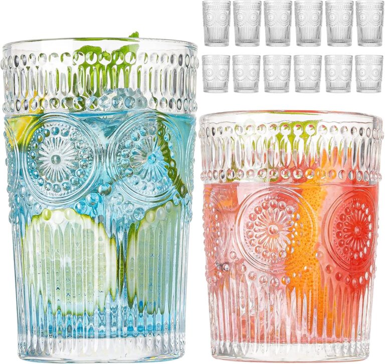 Vintage Drinking Glasses Set of 12, Textured Clear Striped Glass Cups-6 Highball Glasses 13oz & 6 Rocks Glasses 10oz, Ribbed Glassware Set, Mojito Cups, Cocktail Glass, Iced Coffee Cup