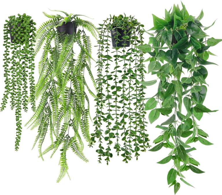 Der Rose 4Pcs Fake Plants Hanging Artificial Ivy Vine Faux Eucalyptus Hanging Plants, Boston Fern, String of Pearls for Living Room Bedroom Boho Wall Shelf Indoor Outdoor Decor