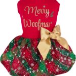 Fitwarm Merry Woofmas 100% Cotton Dog Christmas Outfits Girl Dog Holiday Dress Lightweight Doggie Costume Puppy Clothes Pet Apparel with Bowknot Cat Clothing Red Small