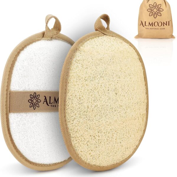 Almooni Natural Loofah Exfoliating Body Scrubber, Made with Natural Egyptian Shower Loofah Sponge, Bath Shower Loofah Sponge for Women and Men, for Face and Body That Gets You Clean - 2 Count (1 Pack)