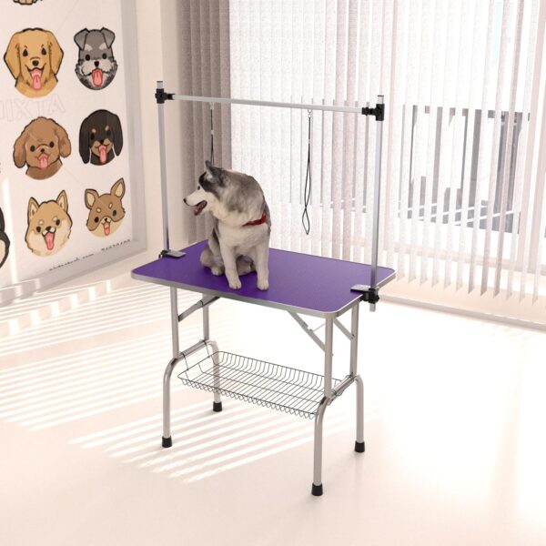 GDFStudio 36'' Dog Grooming Table for Small Medium Large Dogs at Home, Foldable Portable Pet Grooming Table with Integrated Adjustable Arm Noose Mesh Tray, Dog Washing Station 300lbs Capacity, Purple