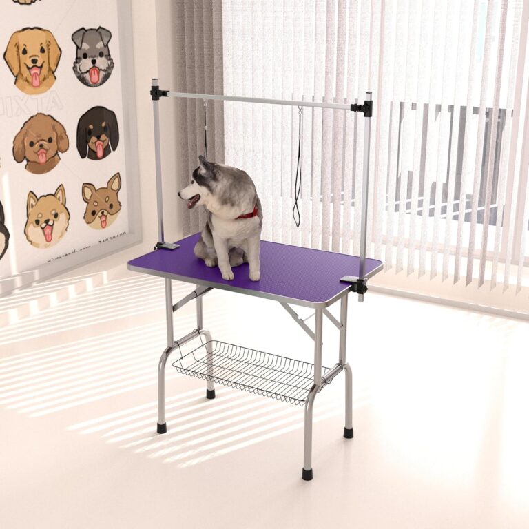 GDFStudio 36'' Dog Grooming Table for Small Medium Large Dogs at Home, Foldable Portable Pet Grooming Table with Integrated Adjustable Arm Noose Mesh Tray, Dog Washing Station 300lbs Capacity, Purple