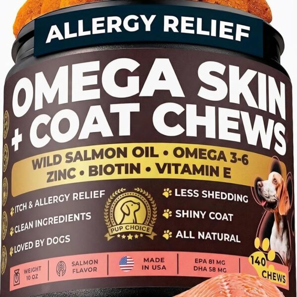 Omega 3 & 6 Dog Skin & Coat Chews  Wild Salmon Oil, Biotin, Zinc & Vitamin E  Supports Dry Itchy Skin, Shedding & Healthy Coat  PhD-Endorsed, Made in USA, 140 Chews, Salmon Flavor