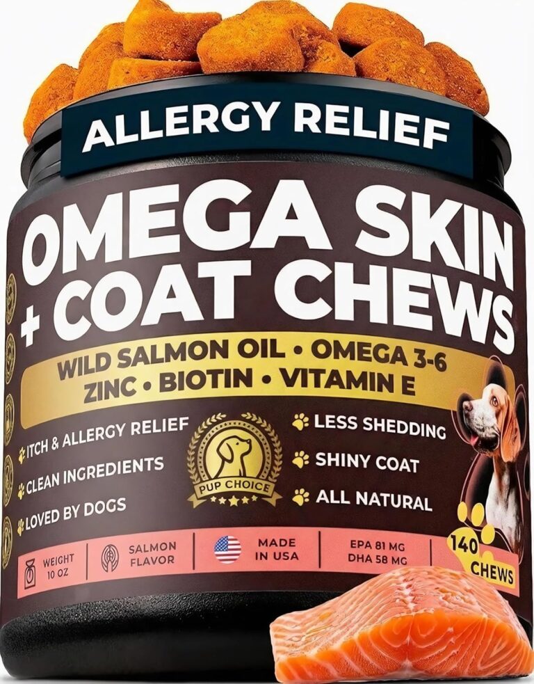 Omega 3 & 6 Dog Skin & Coat Chews  Wild Salmon Oil, Biotin, Zinc & Vitamin E  Supports Dry Itchy Skin, Shedding & Healthy Coat  PhD-Endorsed, Made in USA, 140 Chews, Salmon Flavor