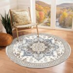 OPPODREAM Soft Round Rug 4ft, Neutral Washable Circle Rug 4ft with Non Slip Backing Play Room, Low-Pile Carpet 4 ft, Small Faux Cashmere Throw Carpet, Cream White & Blue & Light Brown