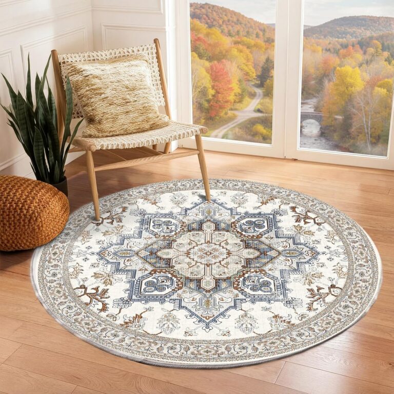 OPPODREAM Soft Round Rug 4ft, Neutral Washable Circle Rug 4ft with Non Slip Backing Play Room, Low-Pile Carpet 4 ft, Small Faux Cashmere Throw Carpet, Cream White & Blue & Light Brown