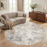 8ft Round Area Rug Living Room Rugs - 8x8 Washable Neutral Modern Abstract Soft Thin Rug Indoor Floor No Slip Rug Carpet for Bedroom Under Dining Table Home Office Decor - Brown Grey