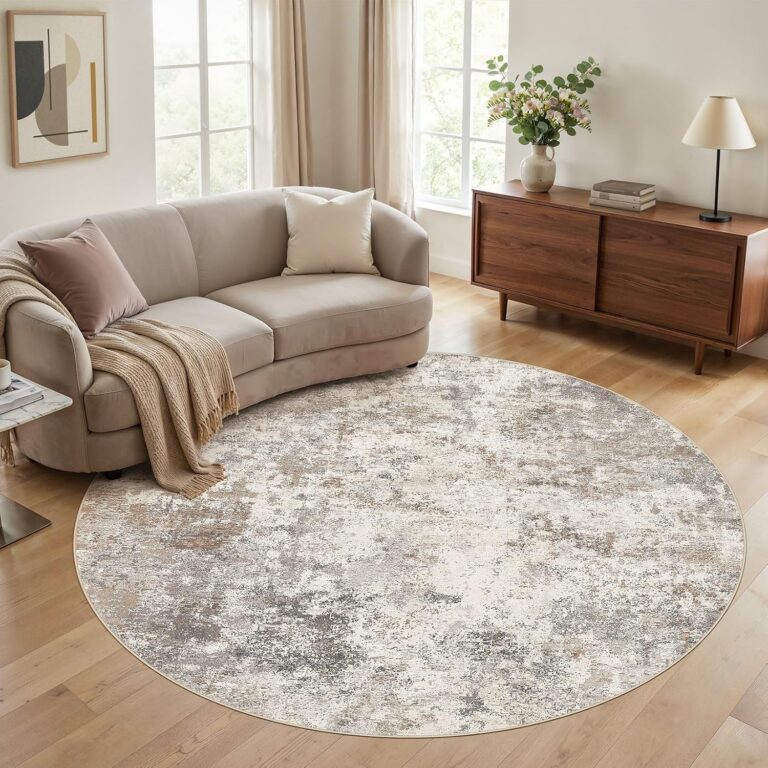 8ft Round Area Rug Living Room Rugs - 8x8 Washable Neutral Modern Abstract Soft Thin Rug Indoor Floor No Slip Rug Carpet for Bedroom Under Dining Table Home Office Decor - Brown Grey