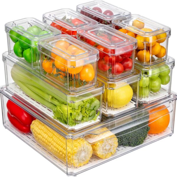 10-Pack Fridge Organizer Stackable Refrigerator Storage Bins with Lids BPA-Free Clear Fruit Storage Containers for Vegetables, Food & Drinks