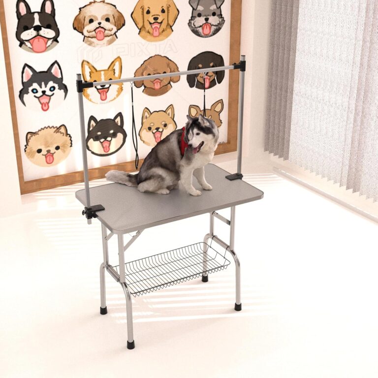 GDFStudio 42" Dog Grooming Table for Small Medium Large Dogs, Folding Portable Pet Grooming Table for Dogs at Home with Adjustable Arm Noose Basket Stainless Steel Frame Rubber Mat, Silver Grey