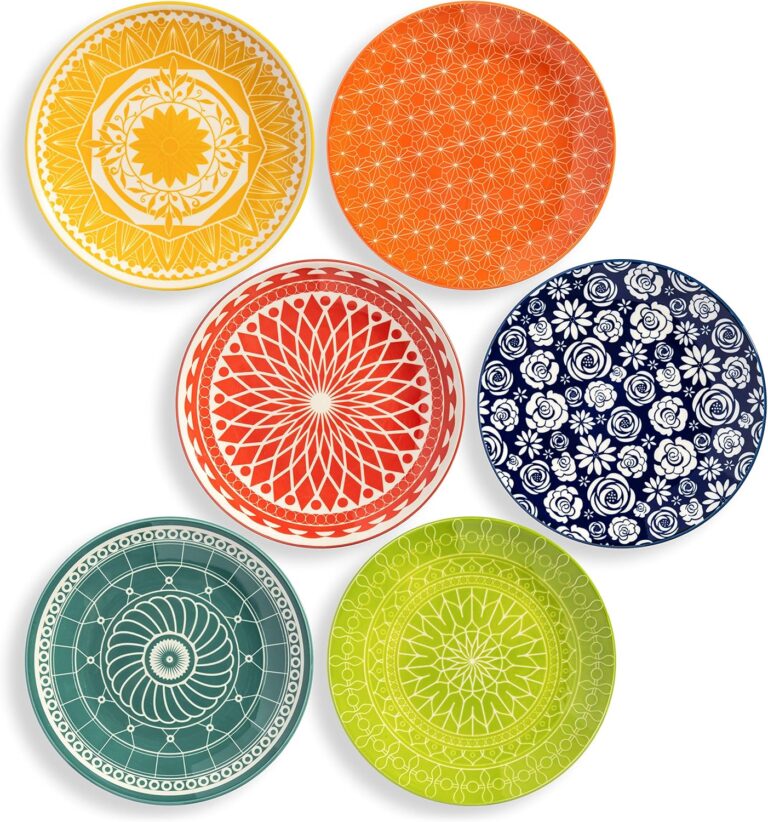 Annovero Salad Plates - Small Plate for Serving Appetizer, Lunch, Sandwich - Microwavable - Decorative Cute Colorful Porcelain Boho Dish Set for 6 - Zero Lead & Cadmium - 8.5 Inch Diameter