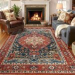 YJ.GWL Area Rugs for Living Room 4x6 Machine Washable Rugs for Bedroom, Non Slip Floral Vintage Rug Indoor Carpet, Stain Resistant Throw Rug for Dining Room Kitchen, Orange-Red