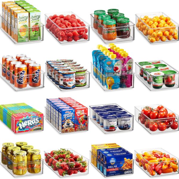 Munfix Set Of 16 Refrigerator Organizer Bins - Plastic Pantry Organization and Storage Baskets - Stackable Food Fridge Organizers with Cutout Handles for Freezer, Kitchen, Countertops, Cabinets