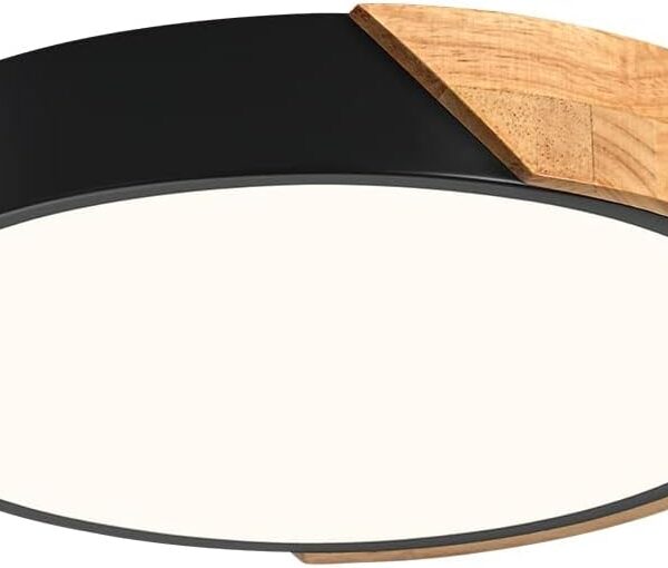 Vikaey Modern LED Ceiling Light, Minimalist Wood Flush Mount Ceiling Light Fixture, 4000K Not Dimmable, Circle Lighting Lamp with Acrylic Lampshade for Bedroom Laundry Room Hallway (Black,11.8")