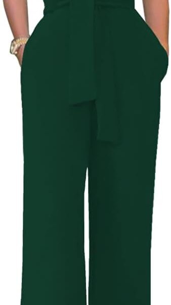 Womens Sleeveless Belted High Waist Wide Leg Jumpsuits with Pockets