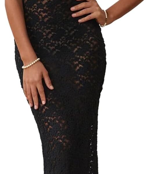 Womens Cocktail Dress Sexy Lace Hollow Out Transparent Sleeveless Spaghetti Straps Slim Fit Maxi Party Club Evening Dress