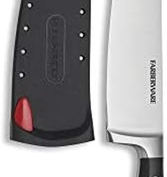 Farberware Edgekeeper 8-Inch Forged Triple Riveted Chef Knife with Self-Sharpening Blade Cover, High Carbon-Stainless Steel Kitchen Knife with Ergonomic Handle, Razor-Sharp Knife, Black