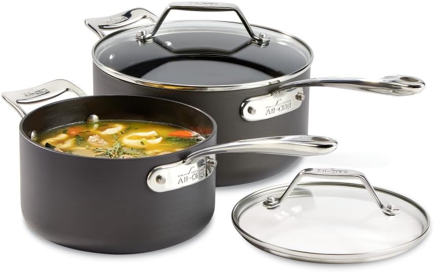 All-Clad Essentials Hard Anodized Nonstick Sauce Pan Set 4 Piece, 2.5, 4 Quart Oven Broiler Safe 500F Pots and Pans, Cookware Black All-Clad Essentials Hard Anodized Nonstick Sauce Pan Set 4 Piece, 2.5, 4 Quart Oven Broiler Safe 500F Pots and Pans, Cookware Black