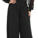 RED DOT BOUTIQUE 701 - Plus Size Mesh Long Sleeve V Wrap Neck Wide Leg Pants One Piece Jumpsuit