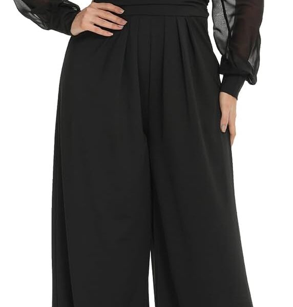 RED DOT BOUTIQUE 701 - Plus Size Mesh Long Sleeve V Wrap Neck Wide Leg Pants One Piece Jumpsuit