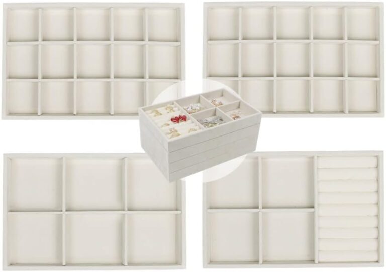 Set of 4 Stackable Jewelry Trays Organizer, Velvet Earring Organizer, Jewelry Organizer Showcase Display Drawer Organizer Storage, Earring Holder Necklace Bracelet Ring Accessary Organizers (Beige)