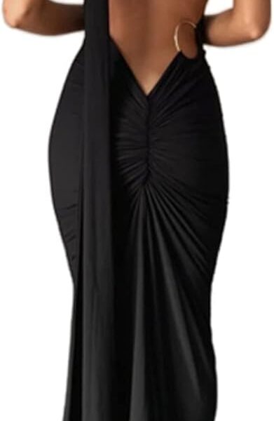 Women's Sexy One Shoulder Backless Maxi Dress Elegant Ruched O Ring Sleeveless Evening Dress Long Gown Cocktail Dress