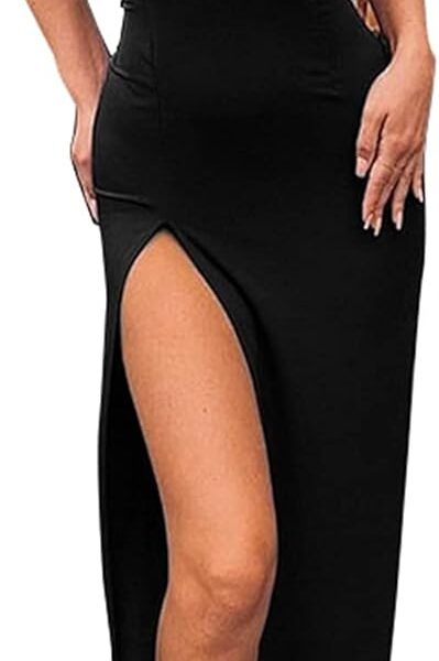 PRIMODA Women's Spaghetti Strap Bodycon Maxi Dress Long Formal Thigh-high Slit Club Wedding Guest Dress