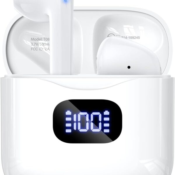 Wireless Earbuds Bluetooth 5.3 Headphones, 40Hrs Playback Stereo Ear Buds with LED Display Charging Case IPX7 Waterproof in-Ear Earphones with Mic for Phone Tablet Laptop Sports, White