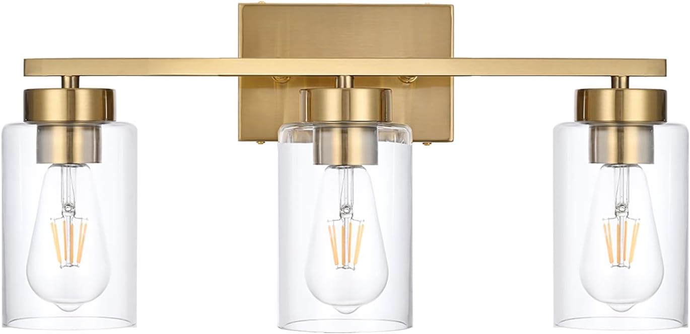 3-Light Bathroom Vanity Light, Modern Brushed Gold Wall Lights with Clear Glass Shades, Bathroom Wall Sconce Lamp for Mirror Living Room Bedroom Hallway 3-Light Bathroom Vanity Light, Modern Brushed Gold Wall Lights with Clear Glass Shades, Bathroom Wall Sconce Lamp for Mirror Living Room Bedroom Hallway