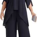 Hanna Nikole Plus Size Mother of The Bride Pant Suits 2 Piece Chiffon Sets Dressy Wedding Guest Outfit with High Low Hem