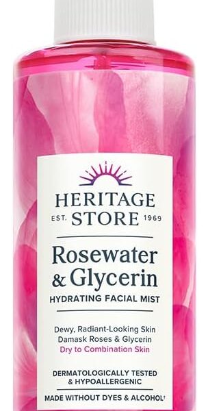 HERITAGE STORE Rosewater & Glycerin Hydrating Facial Mist - Dry Combination Skin Care - Rose Water Spray w/ Vegetable Glycerine, Made Without Dyes or Alcohol, Hypoallergenic, Vegan, Cruelty Free, 8oz