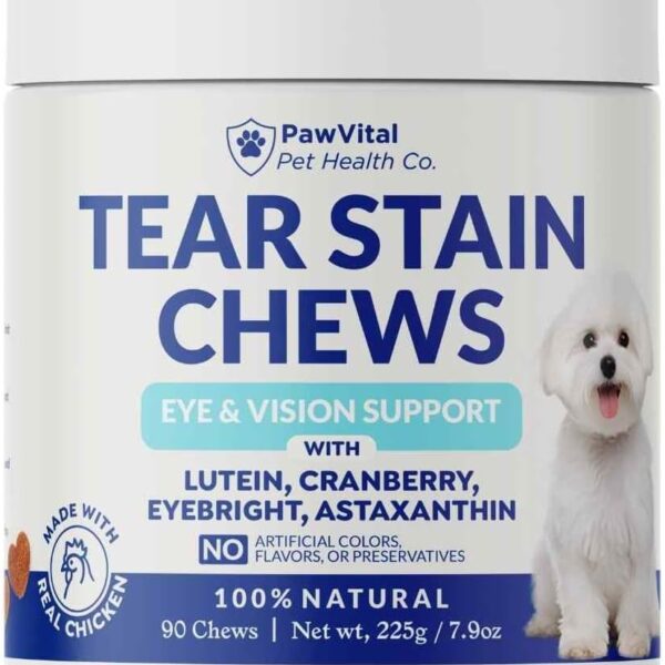 Tear Stain Chews for Dogs  Natural Tear Stain Remover & Eye Health Supplement with Cranberry, Lutein & Eyebright  Reduces Tear Stains, Supports Vision & Promotes Clear Eyes  90 Soft Chews