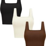 OLCHEE Womens 3 Pack Crop Tank Tops Basic Seamless Ribbed Sleeveless Square Neck Workout Top Summer Exercise Yoga Gym Shirts