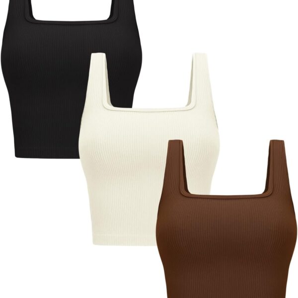 OLCHEE Womens 3 Pack Crop Tank Tops Basic Seamless Ribbed Sleeveless Square Neck Workout Top Summer Exercise Yoga Gym Shirts
