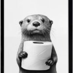 Framed Bathroom Wall Art,Funny Bathroom Decor Wall Art,Seal Holding Tissue Animal Art Prints,Black and White Wall Decor,Cute Animal Canvas Print Painting for Restroom Toilet,Framed,8x10inch
