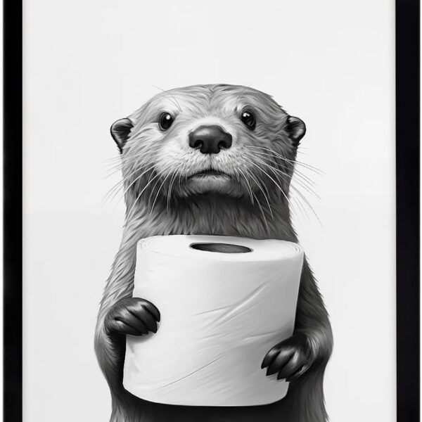 Framed Bathroom Wall Art,Funny Bathroom Decor Wall Art,Seal Holding Tissue Animal Art Prints,Black and White Wall Decor,Cute Animal Canvas Print Painting for Restroom Toilet,Framed,8x10inch
