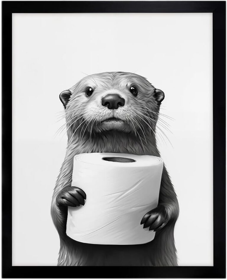 Framed Bathroom Wall Art,Funny Bathroom Decor Wall Art,Seal Holding Tissue Animal Art Prints,Black and White Wall Decor,Cute Animal Canvas Print Painting for Restroom Toilet,Framed,8x10inch