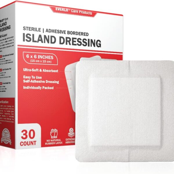 EVERLIT Island Dressing Bordered Gauze | Large Wound Care Bandage with Adhesive Border| Sterile, Soft & Highly Absorbent Medical Grade Dressing Pad (6x6 Inch (Pack of 30))